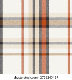 Woven plaid pattern with linen texture in soft beige, grey and warm orange tones. Subtle check design inspired by yarn-dyed weaving, suitable for apparel, upholstery and home textile applications across all seasons.