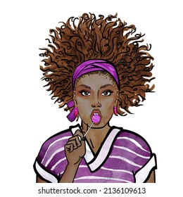 Wow pop art girl with a lollipop. Sexy young african woman with afro hairstyle.