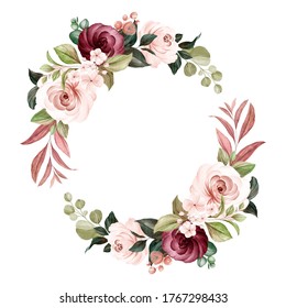 Wreath of brown and burgundy watercolor roses and wild flowers with various leaves. Botanic illustration for card composition design - Powered by Shutterstock