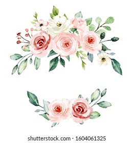 Wreath, floral frame, watercolor flowers pink roses, Illustration hand painted. Isolated on white background. Perfectly for greeting card design.