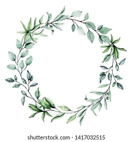 Wreath, Floral Frame With Watercolor Leaf, Illustration Hand Painted. Isolated On White Background. Perfectly For Greeting Card Design.