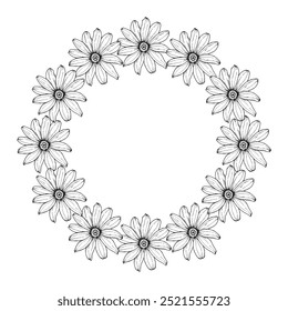 Wreath flower graphic with rudbeckia or chamomile isolated illustration hand drawn for us in design wallpaper, textile, logo, items. Leaves daisy chamomile or sunflower plant for wedding invitation