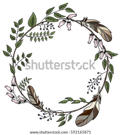 Wreath Flowers Leaves Feathers Stock Illustration 592165871 - Shutterstock