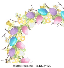 Wreath frame of Easter eggs, twigs and spring flowers. watercolor illustration isolated set on white. Eggs, narcissus and willow hand drawn pastel tones for Easter cards, packaging and festive decor