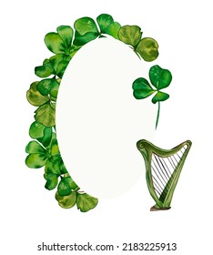 Wreath With Harp And Shamrock Watercolor Illustration On White Background