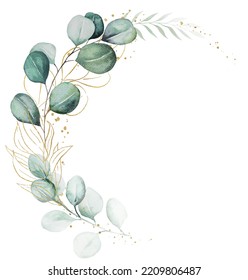 Wreath Made Of Green And Golden Watercolor Eucalyptus Leaves And Twigs, Isolated Illustration. Botanical Element For Romantic Wedding Stationery, Greetings Cards And Crafting