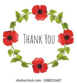 Wreath With Red Poppy Flowers And Green Leaves. Thank You Text. For Design, Decoration, Card And More