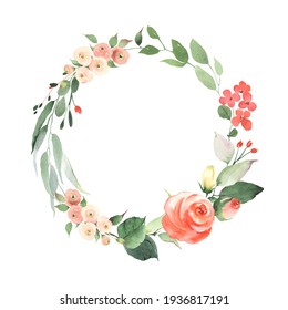 Wreath with red rose, small abstract flowers and green leaves. Watercolor frame isolated on white background for your text, invitation card, greeting, date or message.