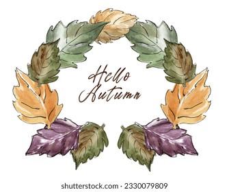 Wreath of simple autumn leaves in orange, purple and green colors with text hello autumn. Watercolor illustration by hand on a white background. For the design of invitations, postcards and posters. - Powered by Shutterstock