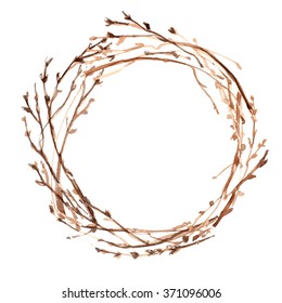 Wreath of twigs painted with watercolors on white background. Spring decoration. Decorating for Easter.