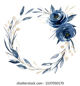 Wreath With Watercolor Blue Flowers And Gold Leaf, Floral Frame. Clip Art Roses Perfectly For Printing Design On Invitations, Cards, Wall Art And Other. Isolated On White Background. Hand Painting. 