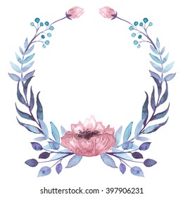 Wreath With Watercolor Blue And Pink Flowers