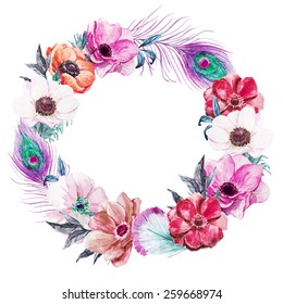 wreath, watercolor, flowers, anemones, peacock, feather, boho, wreath