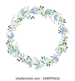 Wreath Of Watercolor Leaf. Round Frame With Leaves. For Greeting Card, Wedding Invitation, Poster, Stickers And Other. Summer Holiday Design. Isolation On White. Hand Painting Floral Background.