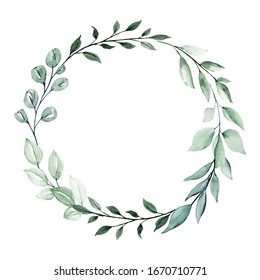 Wreath Of Watercolor Leaves, Floral Frame, Green Leaf Clip Art. Print Isolated On White Background. Illustration Hand Drawing. Perfectly For Thank You Card,  Greeting Card Design.