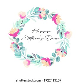 Wreath Of Watercolor Plants, Pink Flowers, Greenery And Wildflowers;  Hand Painted Isolated Illustrations On A White Background, Mother's Day Card Design