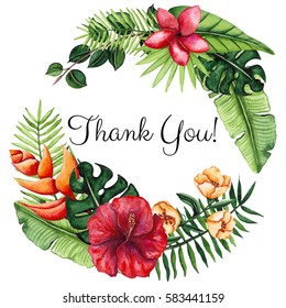 Wreath With Watercolor Tropical Flowers, Leaves And Words Thank You