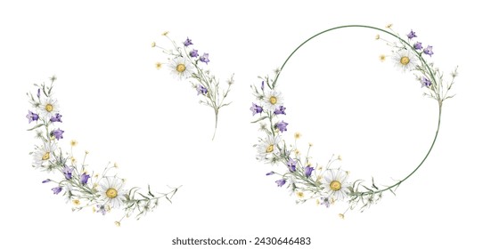 Wreath of yellow and white flower meadow, forest flowers. Watercolor hand painting illustration on isolate. Circlet of flowers with daisy or chamomile and violet bluebell. Botanical summer wildflower. - Powered by Shutterstock