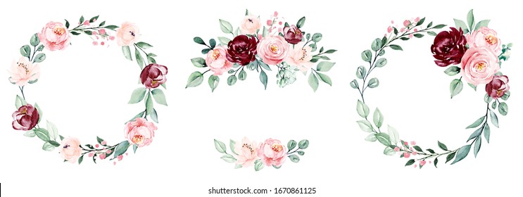 Wreaths, floral frames set, watercolor flowers pink roses, Illustration hand painted. Isolated on white background. Perfectly for greeting card design.