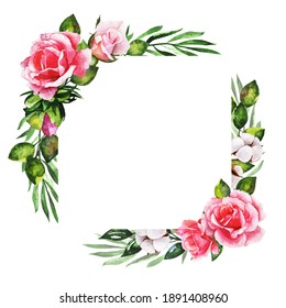 Wreaths, floral frames, watercolor flowers roses, Illustration hand painted. Isolated on white for greeting card design.