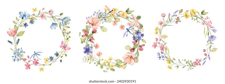 Wreaths, floral frames, watercolor wild flowers, Illustration hand painted. Isolated on white background. Perfectly for greeting card design.