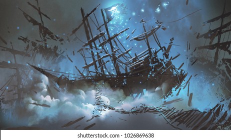 wrecked ships with pirate skull flag filled with particles and dust floating in the night sky, digital art style, illustration painting