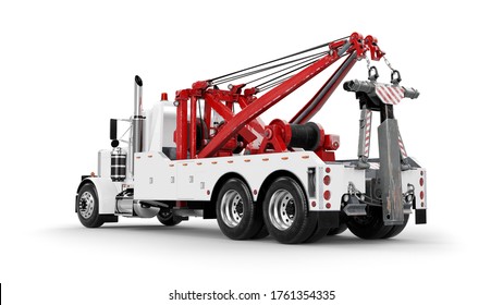 Wrecker Tow Truck 3D rendering isolated on white background. Side-rear view.