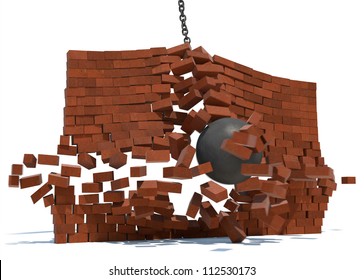 A wrecking ball destroying a brick wall on a white background.