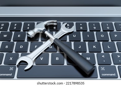 A wrench and hammer on a laptop. 3D illustration of the concept of computer repair, laptop maintenance and software settings - Powered by Shutterstock