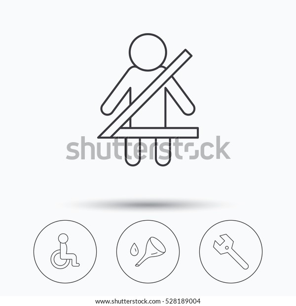 Wrench key, oil change and fasten seat belt icons.\
Disabled person linear sign. Linear icons in circle buttons. Flat\
web symbols. 