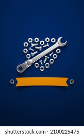 A wrench, screws and bolts laid out in a heart-shaped composition on a dark blue background. 3D render illustration.
