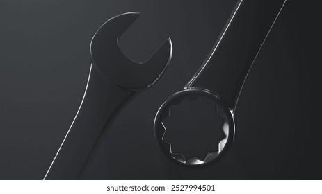 Wrenches close up. Open-end and box wrench. Hand tool. Topics of repair, technical support and service. 3d rendering