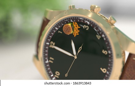 A wristwatch close-up with the hands of the clock at two in the afternoon and a fast food sandwich on the dial. Creative conceptual illustration. Lunch break. 3D render - Powered by Shutterstock