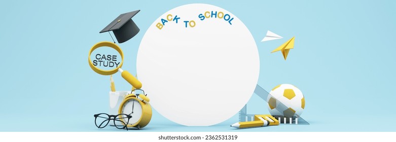write board with books and accessory on yellow background. degree achievements education and Free space for announcing the opening of the study. Back to school concept 3D Rendering, 3D Illustration