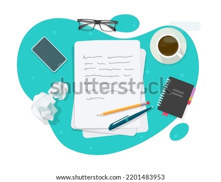 Write essay content on author work table or copywriter text editor flat cartoon graphic, article creating or letter, poetry novel concept or journalism storytelling office illustration