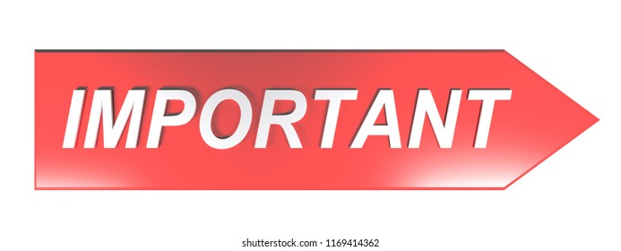 The write IMPORTANT, written with white letters on a red arrow pointing to the right direction - 3D rendering illustration