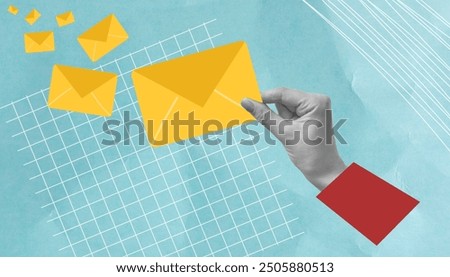 write a letter. send an email. collage with mail. a beautiful collage with the sending of a letter. a hand holds out a message. chat. title. information.