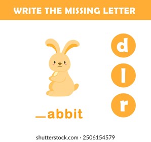 Write the missing letter. Worksheet for kids. Find missing letter worksheet for children.	