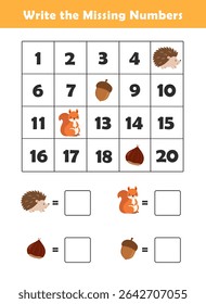 Write the missing numbers. Fun missing numbers activity sheet for kids to practice counting and number recognition. Math worksheet for kindergarten. Counting Game for Preschool Children.