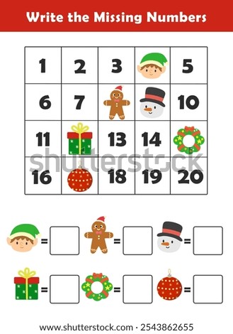 Write the missing numbers. Fun missing numbers activity sheet for kids to practice counting and number recognition. Math worksheet for kindergarten. Counting Game for Preschool Children.