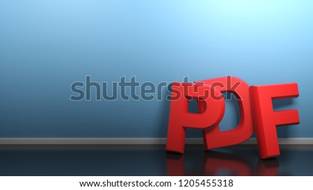 The write PDF in red 3D letters standing on a glossy black floor of a room, leaning at its blue wall - 3D rendering illustration