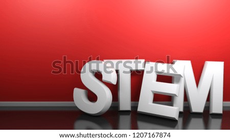 The write STEM (acronym of Science Technology Engineering Mathematics), written with white 3D letters standing on the black glossy floor of a room, leaning at its red wall - 3D rendering illustration