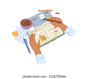 Writing in diary or organizer for work task completion or school assignments visibility. Leaving notes and marks in planner or journal. Drinking cup of coffee, morning routine with to do lists,