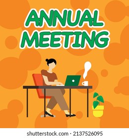 Writing displaying text Annual Meeting. Business showcase Yearly gathering of an organization interested shareholders Woman Sitting With Laptop Back View Actively Accomplishing Work From Home - Powered by Shutterstock