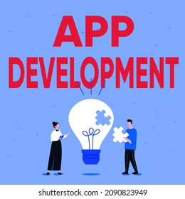 Writing displaying text App Development. Internet Concept producing computer software with a specialized purpose Illustration Of Partners Bulding New Wonderful Ideas For Skill Improvement.