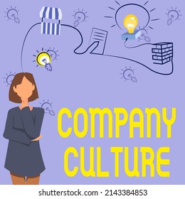 Writing Displaying Text Company Culture. Business Approach The Environment And Elements In Which Employees Work Woman Innovative Thinking Leading Ideas Towards Stable Future.