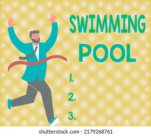 Writing Displaying Text Swimming Pool. Word Written On Structure Designed To Hold Water For Leisure Activities Gentleman In Suit Running Towards Finish Line Celebrating Success