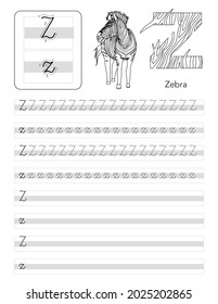 Writing letter Z worksheet with Zebra. Writing A-Z English alphabet with animals for coloring. Exercises lettering game for kids.

