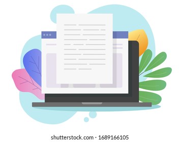 Writing Text Content Online On Laptop Computer Or Creating Essay Document Or Book On Pc Flat Cartoon Illustration, Copywriting Or Web Text File Editing Concept Modern Design Colorful Image