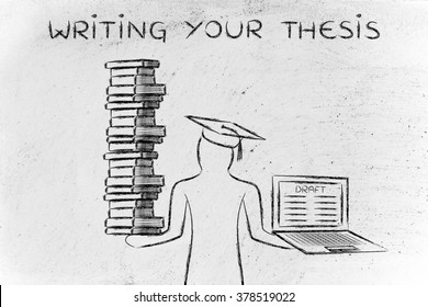 Writing your thesis: graduate students holding a big stack of books and laptop with dissertation draft